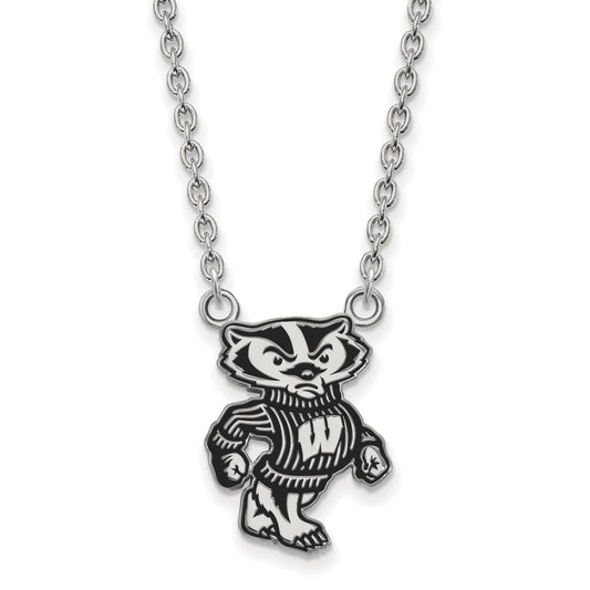 Sterling Silver Rhodium Plated Logoart University Of Wisconsin Badger Large Enameled Pendant 18 Inch Necklace
