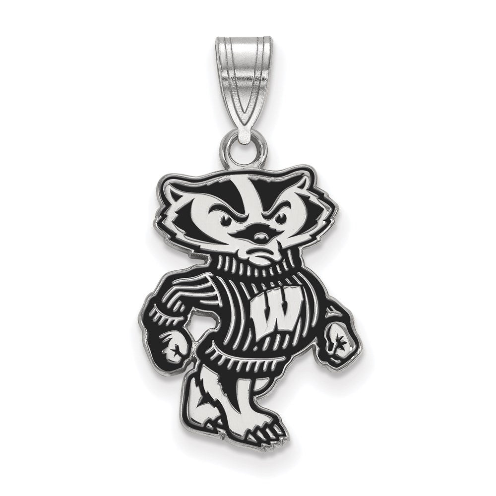 Sterling Silver Rhodium Plated Logoart University Of Wisconsin Badger Large Enameled Pendant