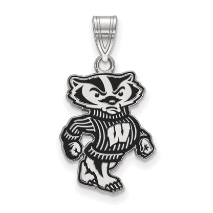 Sterling Silver Rhodium Plated Logoart University Of Wisconsin Badger Large Enameled Pendant