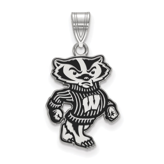 Sterling Silver Rhodium Plated Logoart University Of Wisconsin Badger Large Enameled Pendant