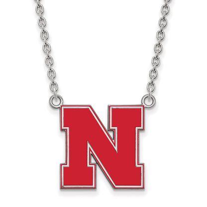 Sterling Silver Rhodium Plated Logoart University Of Nebraska Letter N Large Enameled Pendant 18 Inch Necklace