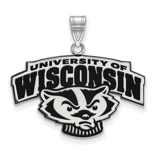 Sterling Silver Rhodium Plated Logoart University Of Wisconsin Large Enameled Pendant