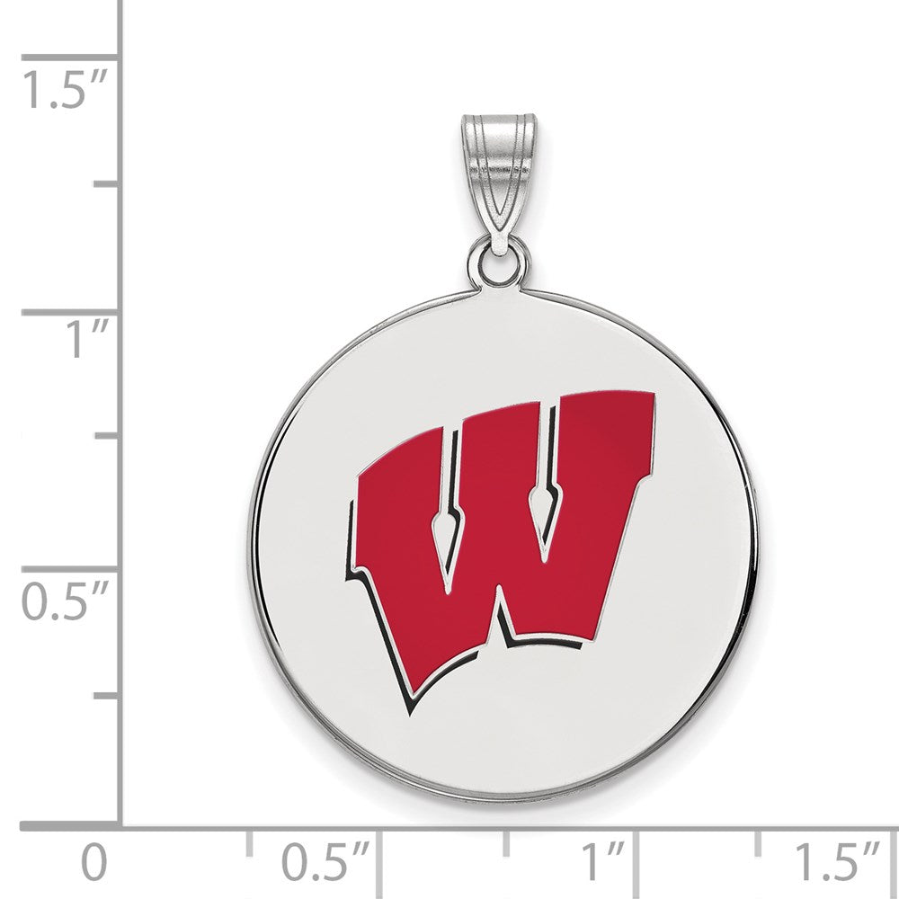 Sterling Silver Rhodium Plated Logoart University Of Wisconsin Letter W Extra Large Enameled Disc Pendant