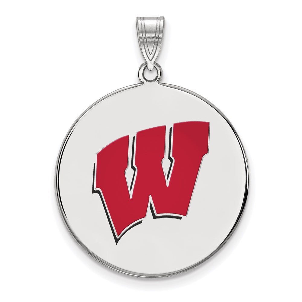Sterling Silver Rhodium Plated Logoart University Of Wisconsin Letter W Extra Large Enameled Disc Pendant