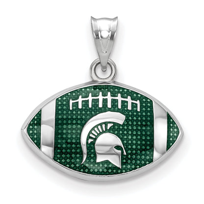 Sterling Silver Rhodium Plated Logoart Michigan State University Spartan Enameled Football Pendant