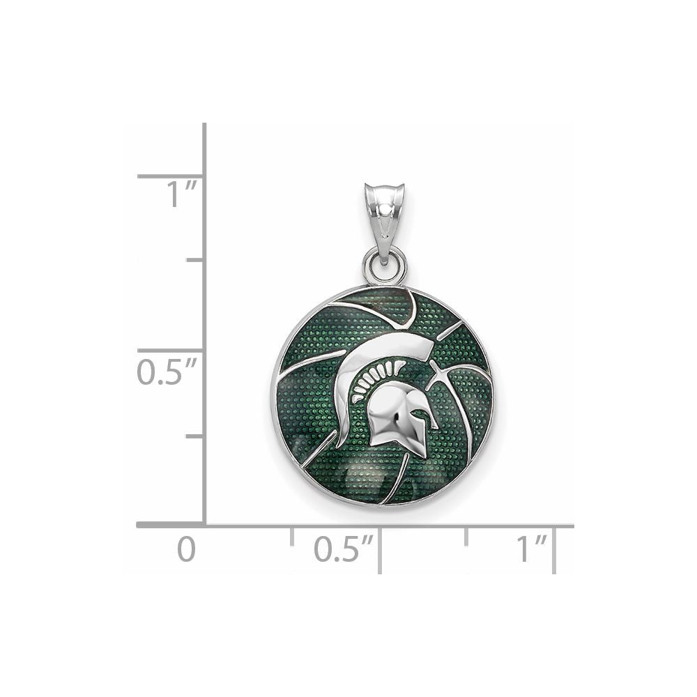 Sterling Silver Rhodium Plated Logoart Michigan State University Spartan Enameled Basketball Pendant