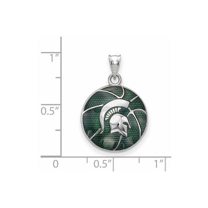 Sterling Silver Rhodium Plated Logoart Michigan State University Spartan Enameled Basketball Pendant