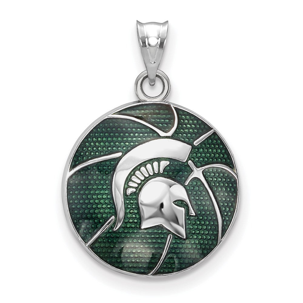 Sterling Silver Rhodium Plated Logoart Michigan State University Spartan Enameled Basketball Pendant