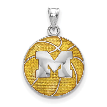Sterling Silver Rhodium Plated Logoart University Of Michigan Letter M Enameled Basketball Pendant