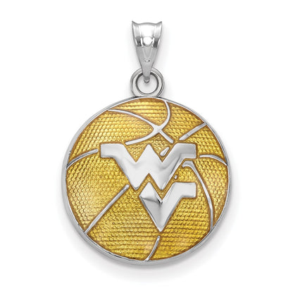 Sterling Silver Rhodium Plated Logoart West Virginia University W V Enameled Basketball Pendant