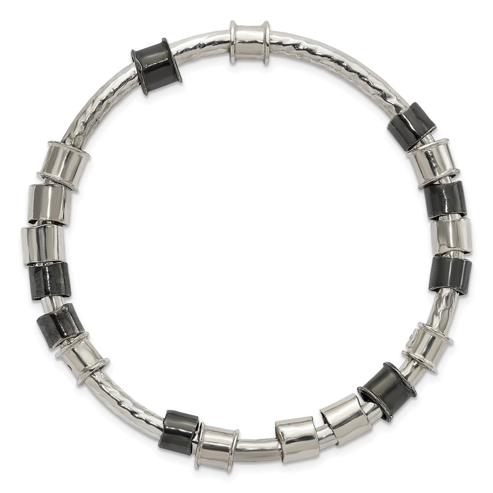 Sterling Silver Polished, Antiqued & Hammered Beaded Slip On Bangle