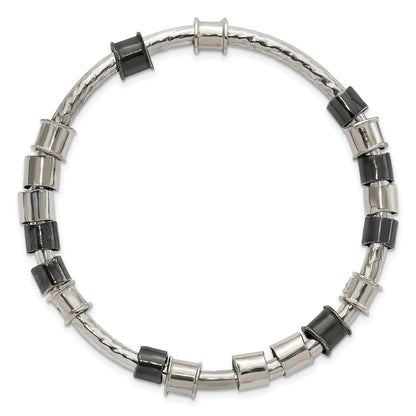 Sterling Silver Polished, Antiqued & Hammered Beaded Slip On Bangle