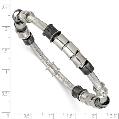 Sterling Silver Polished, Antiqued & Hammered Beaded Slip On Bangle