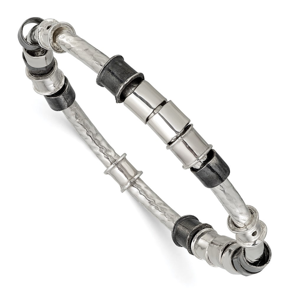 Sterling Silver Polished, Antiqued & Hammered Beaded Slip On Bangle