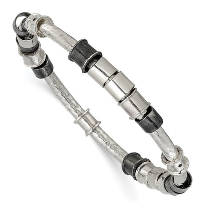 Sterling Silver Polished, Antiqued & Hammered Beaded Slip On Bangle