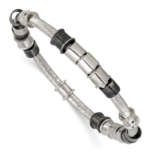 Sterling Silver Polished, Antiqued & Hammered Beaded Slip On Bangle