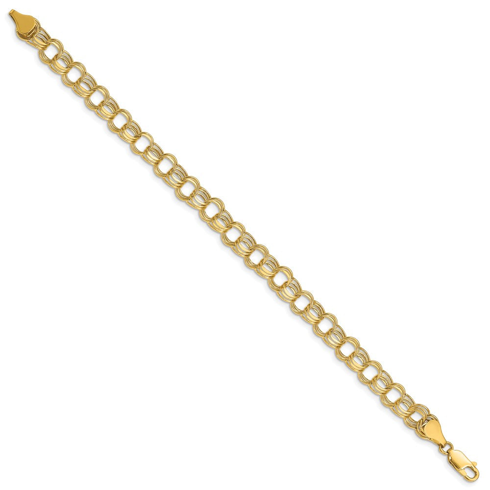 14K Yellow Gold 7.5mm Hollow Triple Link 8.25 Inch Charm Bracelet