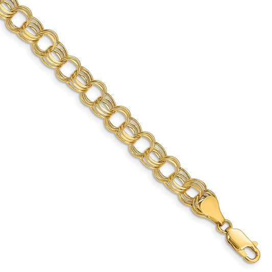 14K Yellow Gold 7.5mm Hollow Triple Link 8.25 Inch Charm Bracelet
