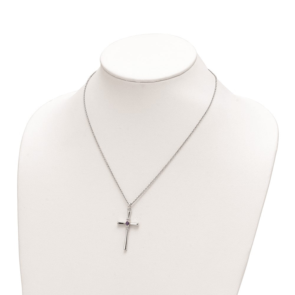 Sterling Silver Survivor Collection Rhodium Plated 16 Inch White And Purple Topaz Faith Cross Necklace With 2 Extender