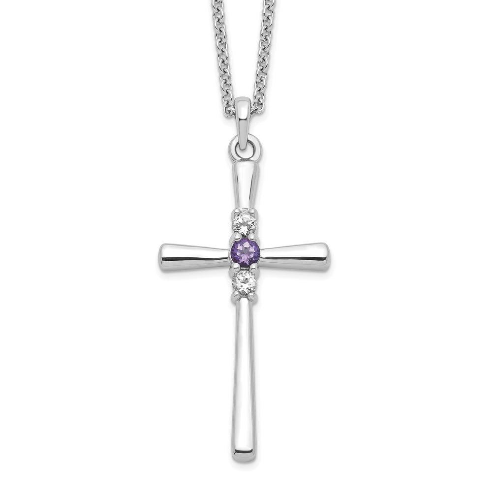 Sterling Silver Survivor Collection Rhodium Plated 16 Inch White And Purple Topaz Faith Cross Necklace With 2 Extender