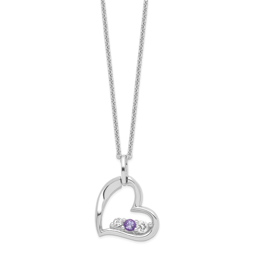 Sterling Silver Survivor Collection Rhodium Plated Clear And Purple Topaz Heart Strength Necklace
