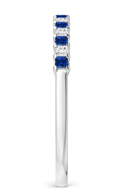 Princess Cut Natural Blue Sapphire & Diamonds Half Eternity Wedding Band in 14K White Gold