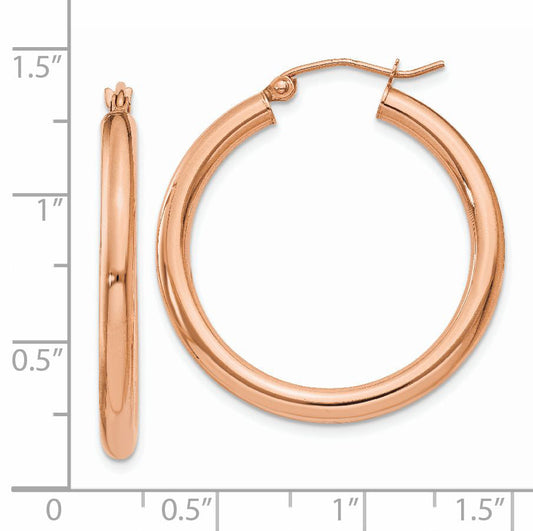 14K Rose Gold Polished 3mm Lightweight Tube Hoop Earrings
