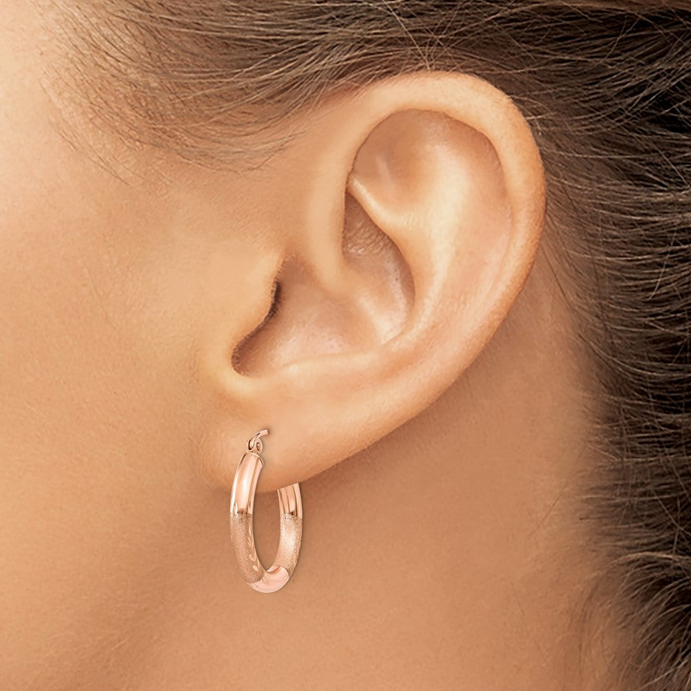 14K Rose Gold 3mm Satin And Diamond-Cut Hoop Earrings