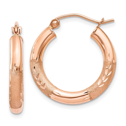 14K Rose Gold 3mm Satin And Diamond-Cut Hoop Earrings