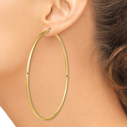 14K Yellow Gold Polished 2X80mm Lightweight Round Tube Hoop Earrings
