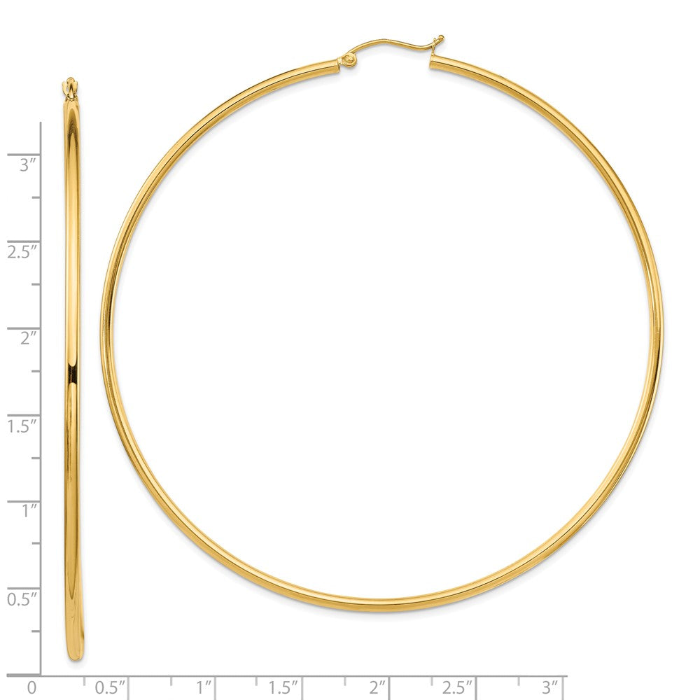 14K Yellow Gold Polished 2X80mm Lightweight Round Tube Hoop Earrings