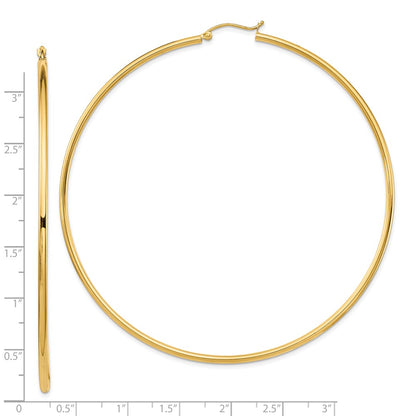 14K Yellow Gold Polished 2X80mm Lightweight Round Tube Hoop Earrings