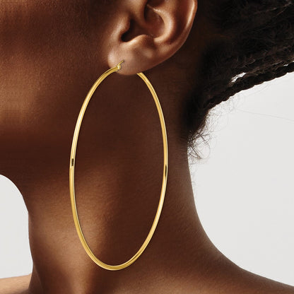 14K Yellow Gold Polished 2X90mm Lightweight Round Tube Hoop Earrings