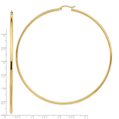 14K Yellow Gold Polished 2X90mm Lightweight Round Tube Hoop Earrings