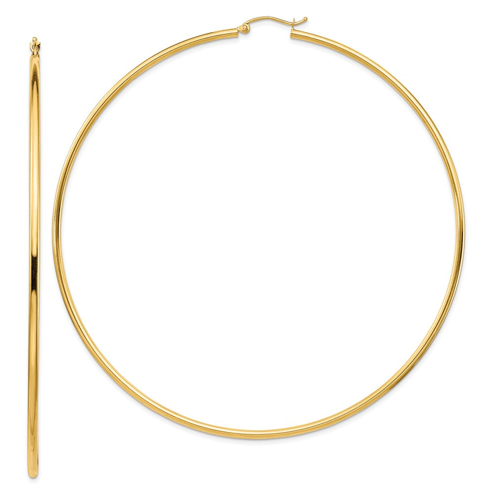 14K Yellow Gold Polished 2X90mm Lightweight Round Tube Hoop Earrings