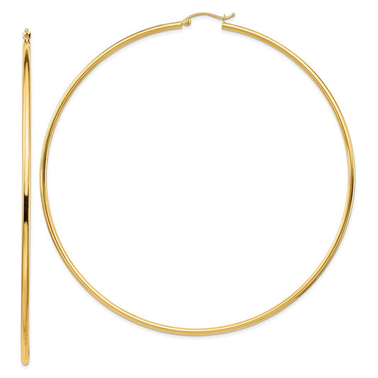 14K Yellow Gold Polished 2X90mm Lightweight Round Tube Hoop Earrings