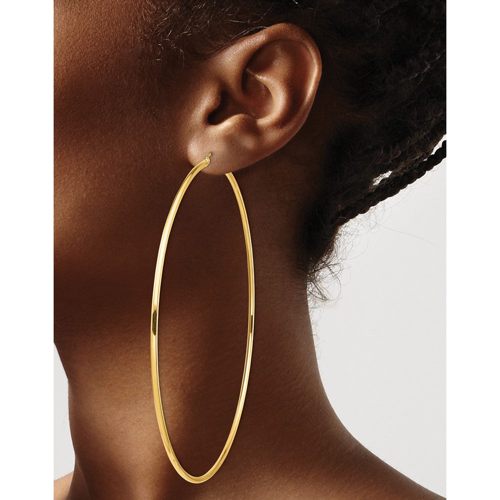 14K Yellow Gold Polished 2X100mm Round Tube Hoop Earrings