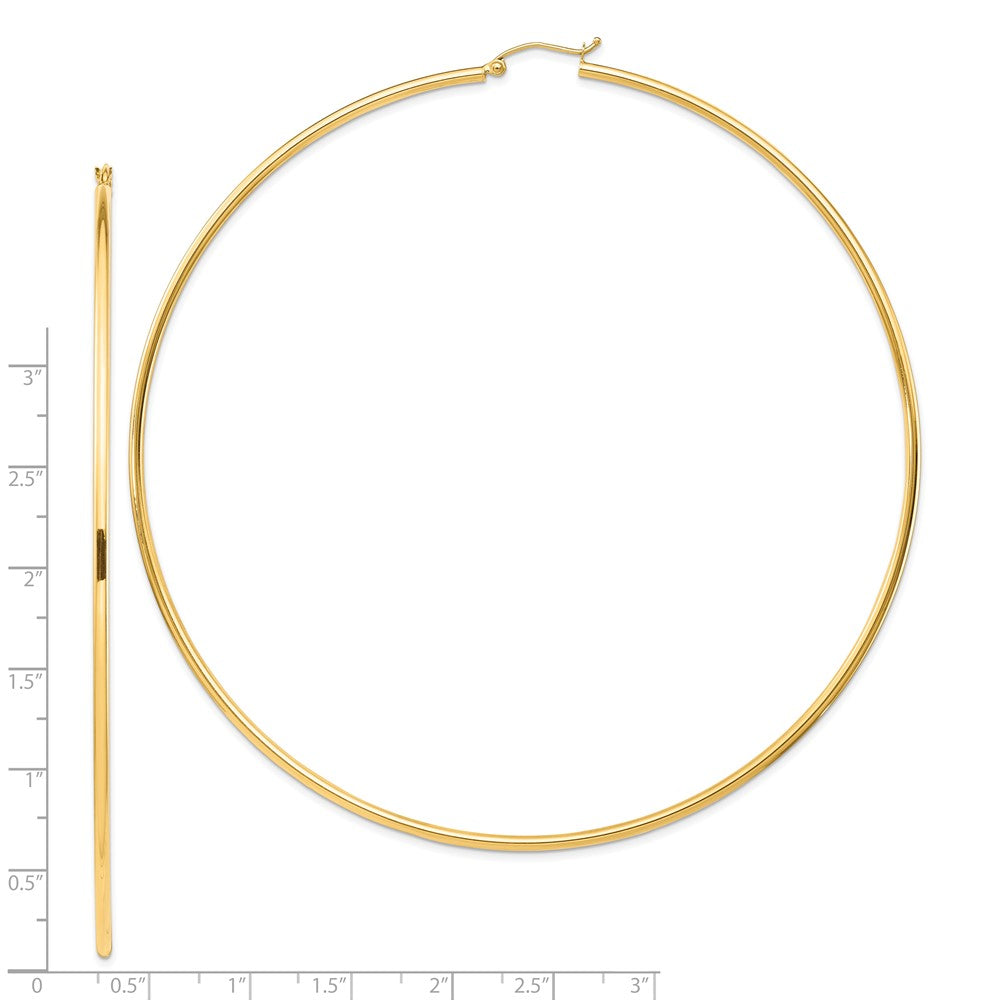 14K Yellow Gold Polished 2X100mm Round Tube Hoop Earrings