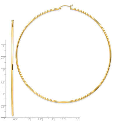 14K Yellow Gold Polished 2X100mm Round Tube Hoop Earrings