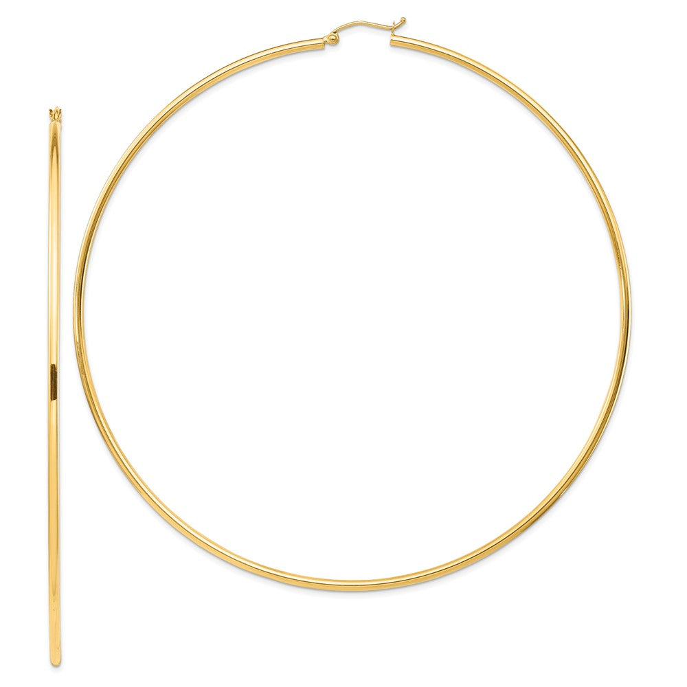 14K Yellow Gold Polished 2X100mm Round Tube Hoop Earrings
