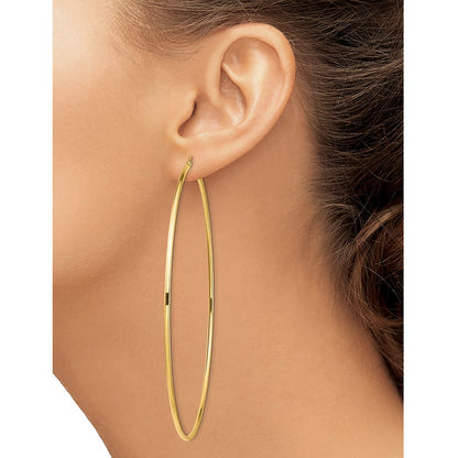 14K Yellow Gold Polished 2X100mm Lightweight Round Tube Hoop Earrings