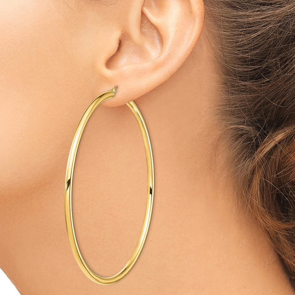 14K Yellow Gold Polished 3X80mm Round Tube Hoop Earrings