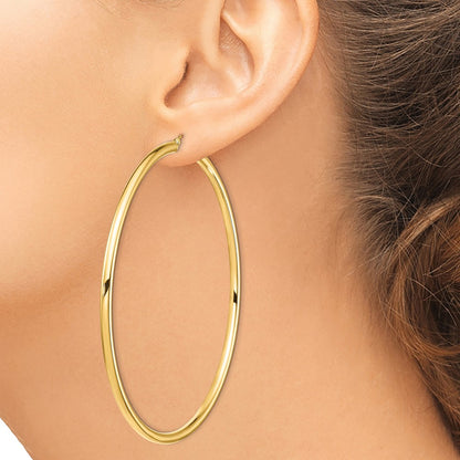 14K Yellow Gold Polished 3X80mm Round Tube Hoop Earrings