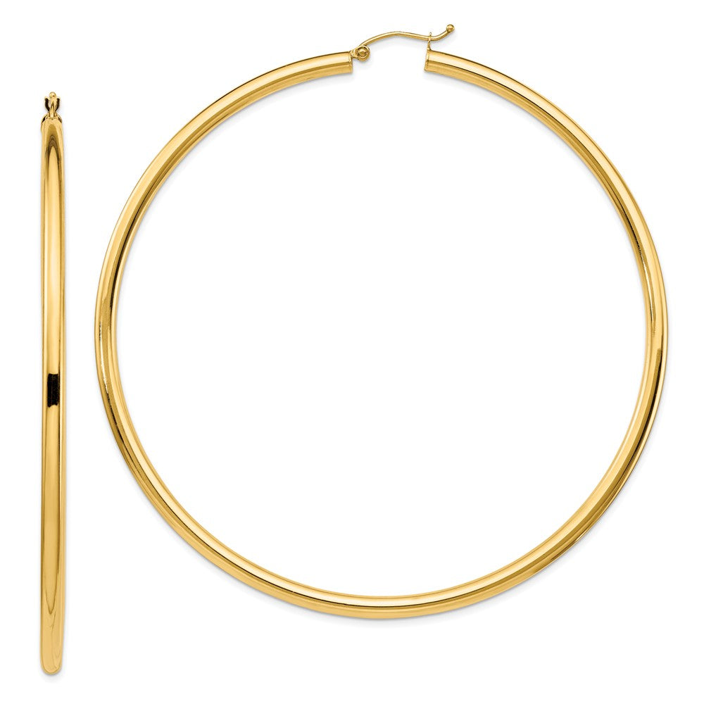 14K Yellow Gold Polished 3X80mm Round Tube Hoop Earrings
