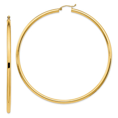 14K Yellow Gold Polished 3X80mm Round Tube Hoop Earrings