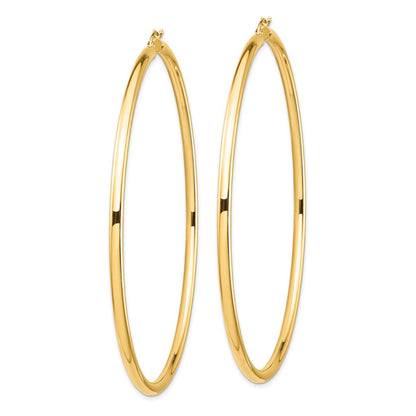 14K Yellow Gold Polished 3X80mm Lightweight Round Tube Hoop Earrings