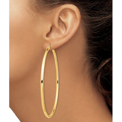 14K Yellow Gold Polished 3X80mm Lightweight Round Tube Hoop Earrings