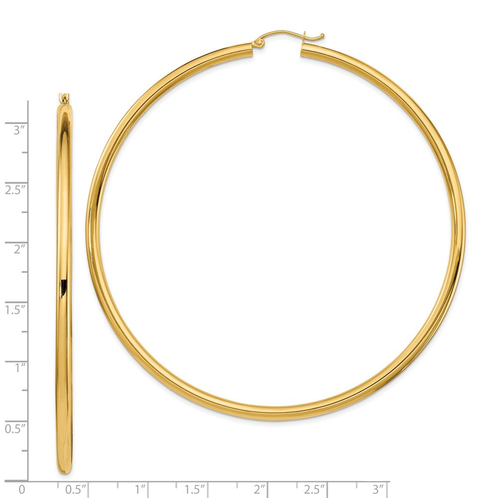14K Yellow Gold Polished 3X80mm Lightweight Round Tube Hoop Earrings