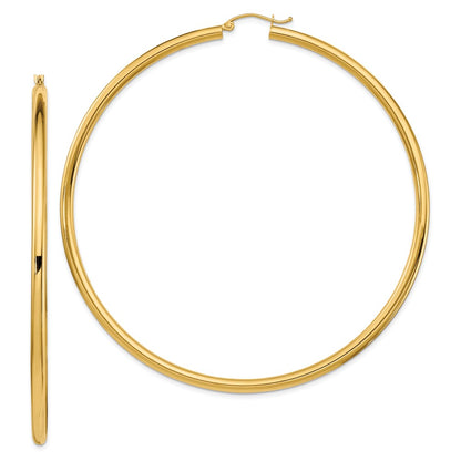14K Yellow Gold Polished 3X80mm Lightweight Round Tube Hoop Earrings