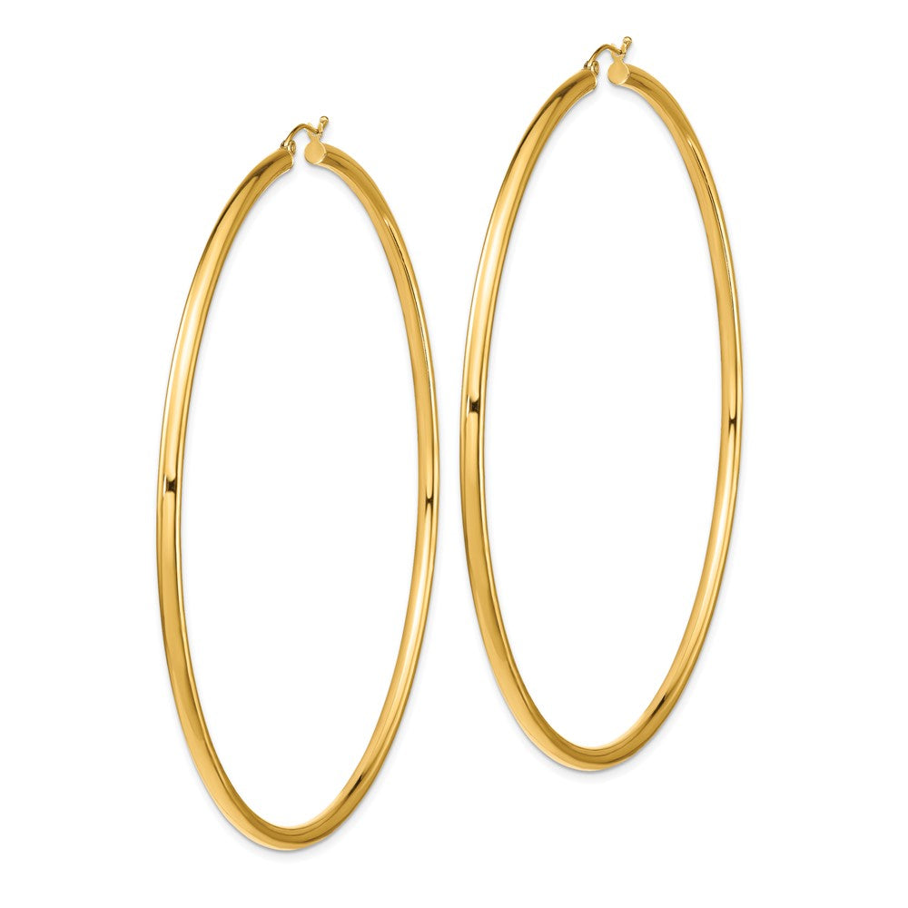 14K Yellow Gold Polished 3X90mm Lightweight Round Tube Hoop Earrings